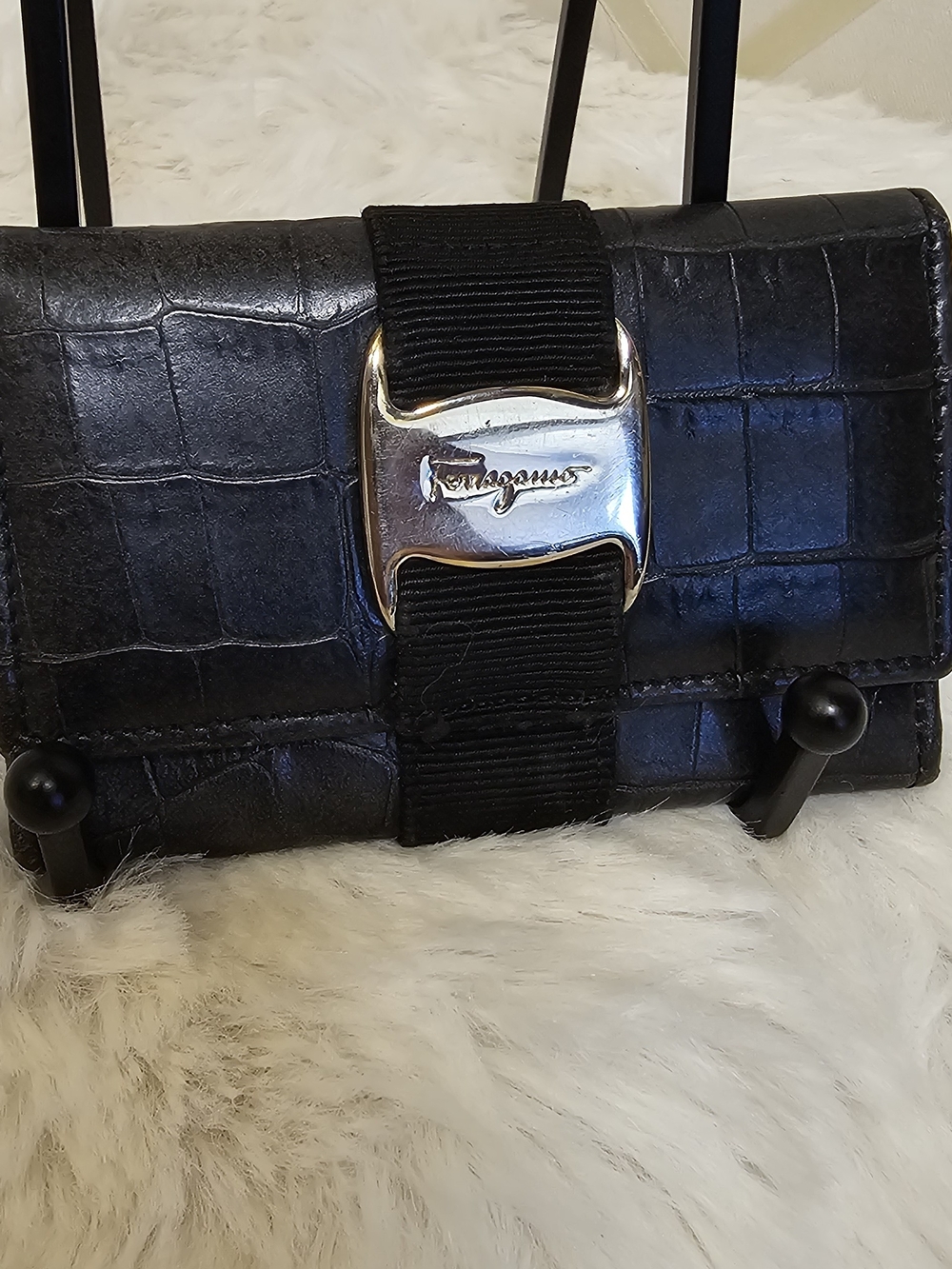 Salvatore Ferragamo Black Croc-Embossed Leather Key holder with Signature Buckle